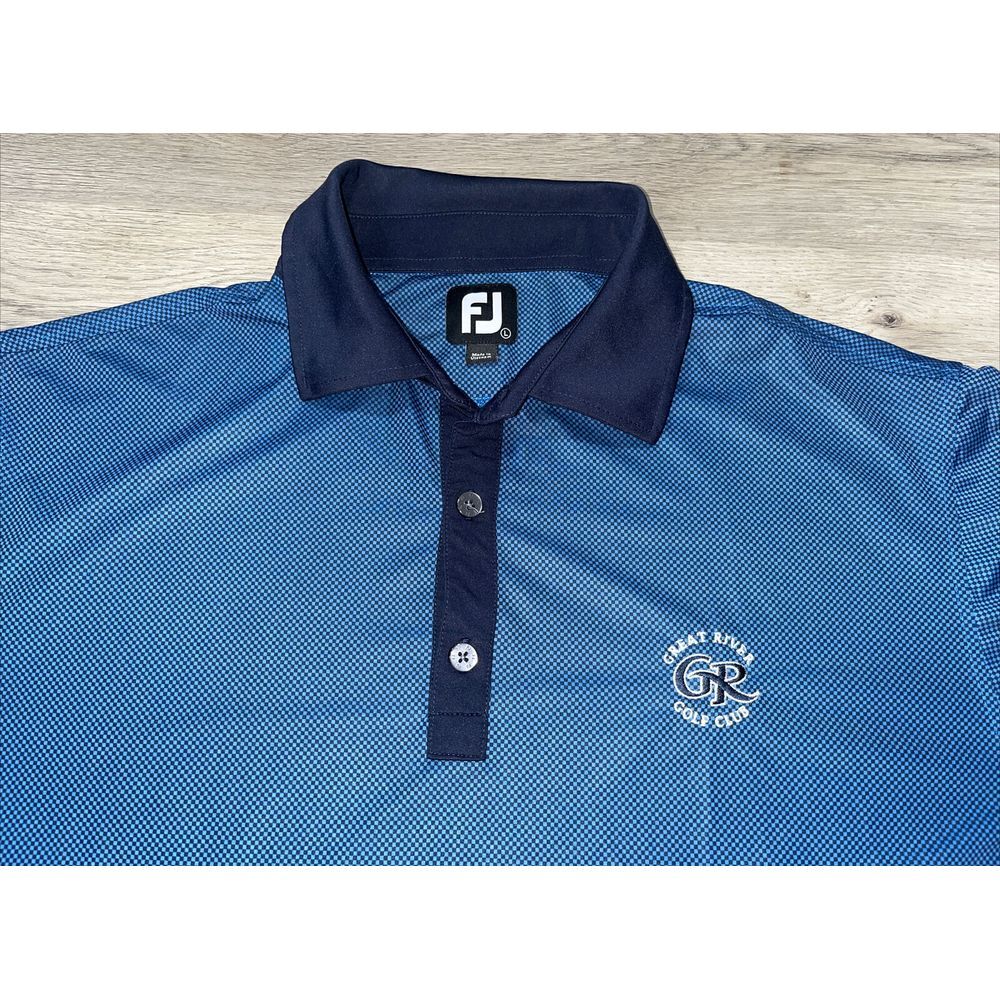 FJ Footjoy Mens Golf Polo Shirt Blue/Black Checkered L Great River Golf Club
